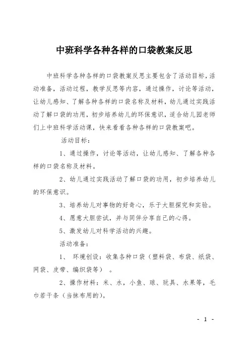中班科学各种各样的口袋教案反思