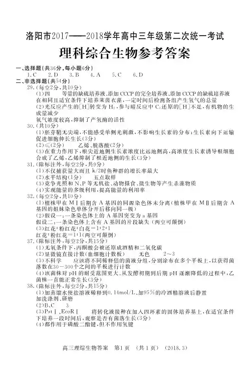 洛阳市2018年高三二练理科全部答案