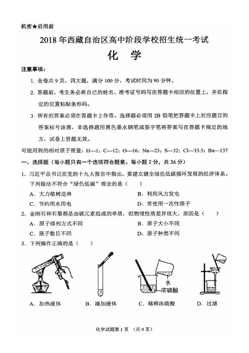2018年西藏自治区高中阶段学校招生统一考试 化学试卷
