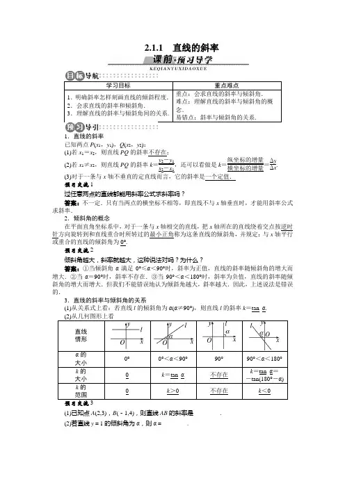 2.1.1 直线的斜率 学案1 高中数学 必修二 苏教版 Word版