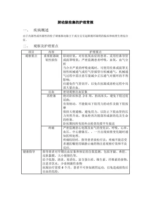 肺动脉栓塞的护理常规