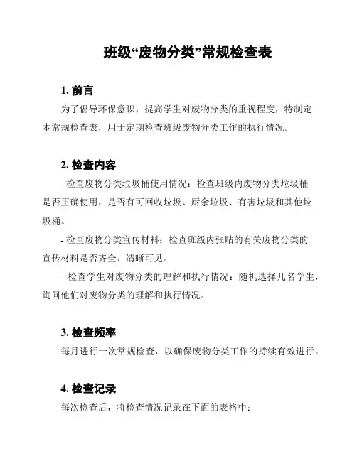 班级“废物分类”常规检查表