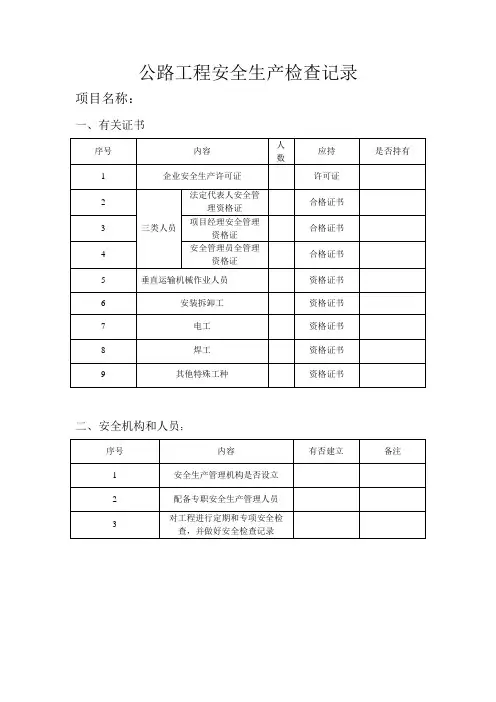 公路工程安全生产检查表