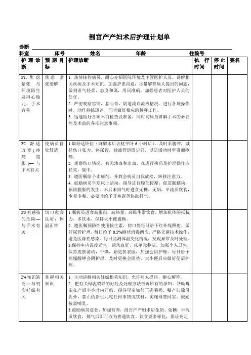 剖宫产产妇术后护理计划单