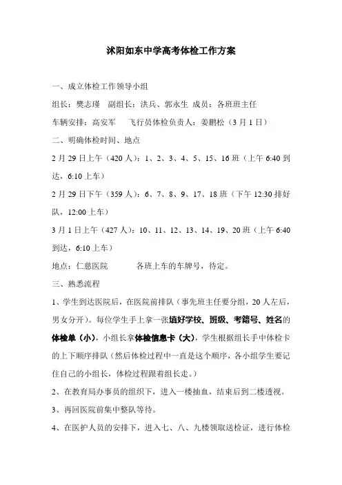 沭阳如东中学体检工作方案