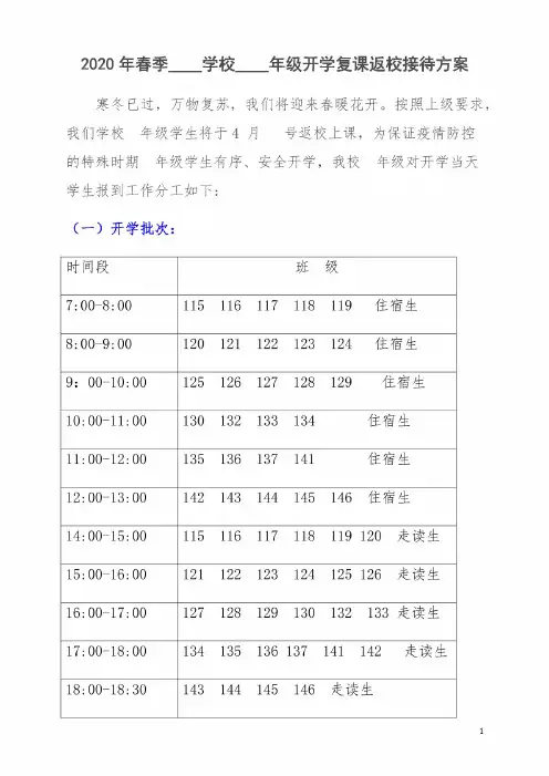 2020年春季疫情期间XX学校开学复课学生返校学校接待方案安排