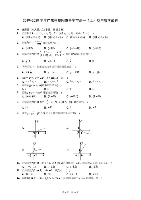 2019-2020学年广东省揭阳市普宁市高一(上)期中数学试卷 (含答案解析)