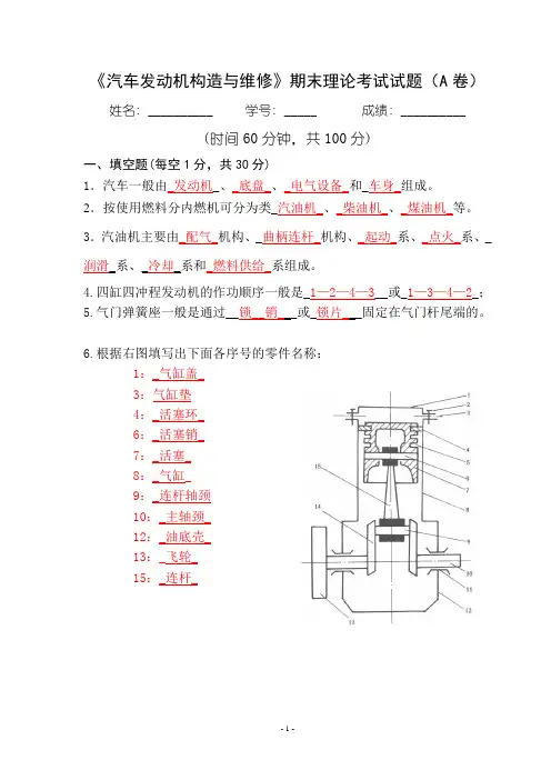 《汽车发动机构造与维修》 期终试题A答案