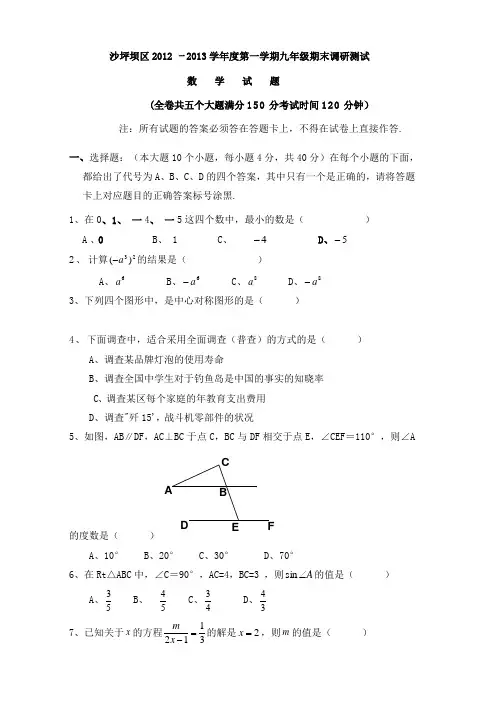 沙坪坝区2012 一 2013学年度第一学期九年级期末调研测试