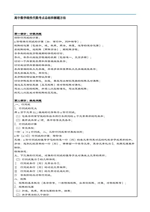 高中数学线性代数考点总结和解题方法