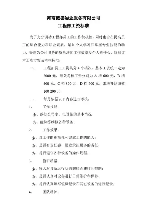 工程部 绩效工资考核标准