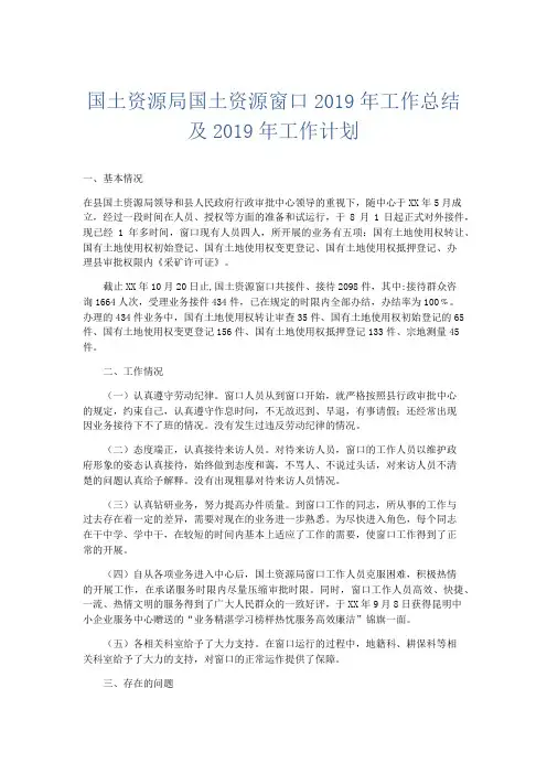 工作总结-国土资源局国土资源窗口2019年工作总结及2019年工作计划 精品