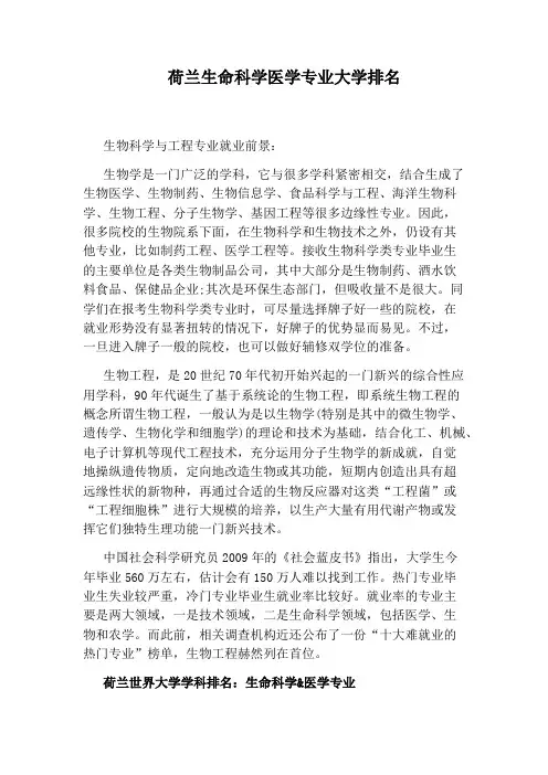 荷兰生命科学医学专业大学排名
