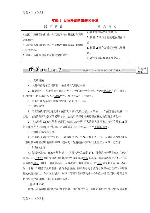 [配套K12]2017-2018年高中生物 第1部分 微生物的利用 实验1 大肠杆菌的培养和分离学案