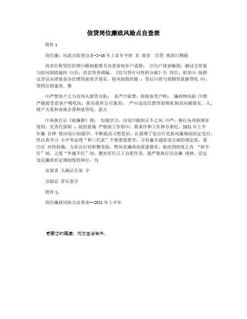 信贷岗位廉政风险点自查表
