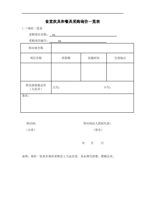 食堂炊具和餐具采购询价一览表