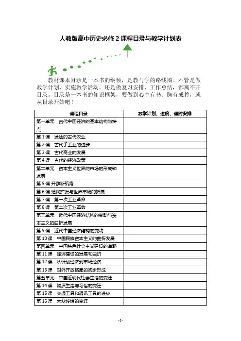 人教版高中历史必修2课程目录与教学计划表