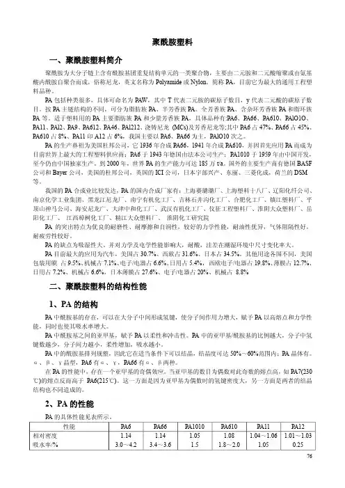 聚酰胺塑料一、聚酰胺塑料简介二、聚酰胺塑料的结构性能1、PA的结构