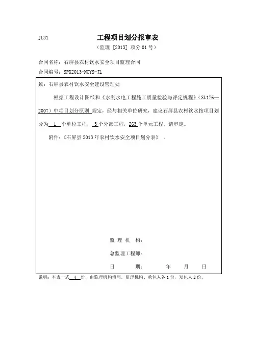 关于上报工程项目划分的请示