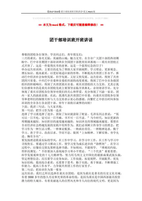 【2018-2019】团干部培训班开班讲话-范文word版 (3页)
