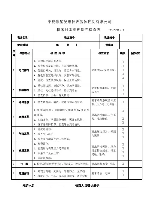 机床日常维护保养检查表