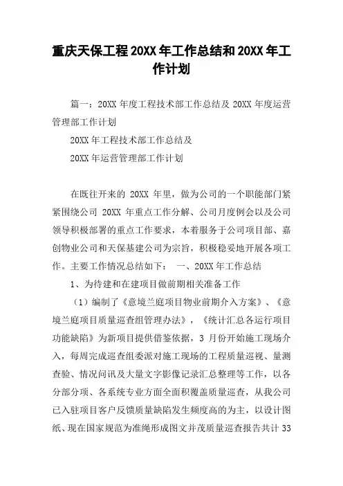 重庆天保工程20XX年工作总结和20XX年工作计划