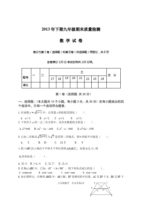 乐至县2013-2014学年九年级上期末质量检测数学试题及答案