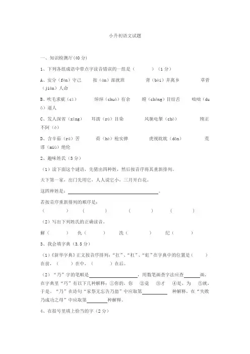 小升初语文试题及其答案