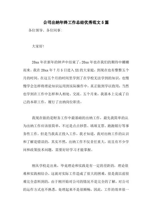 2020年公司出纳年终工作总结优秀范文5篇