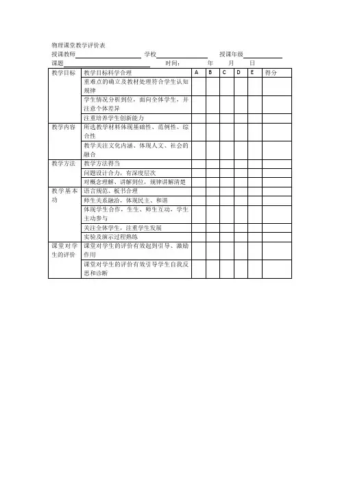 物理课堂教学评价表
