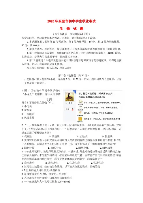 山东省东营市2020年中考生物真题试题(含答案)