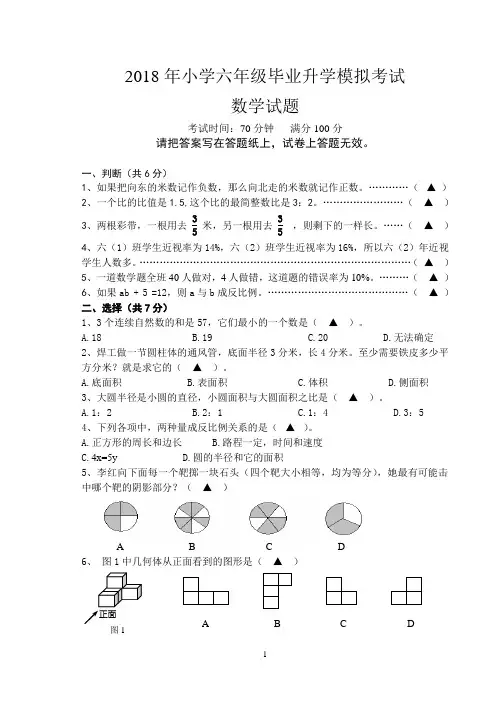 2018年小学升学毕业模拟考试数学试卷
