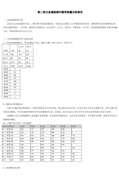 高二语文备课组期中教学质量分析报告