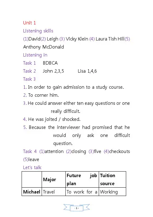 新视野大学英语视听说教程第二版第一册完整答案(含在线课程单元测试)