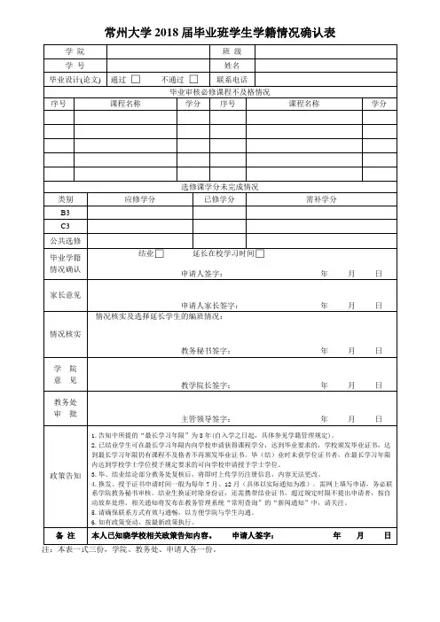 常州大学2018届毕业班学生学籍情况确认表