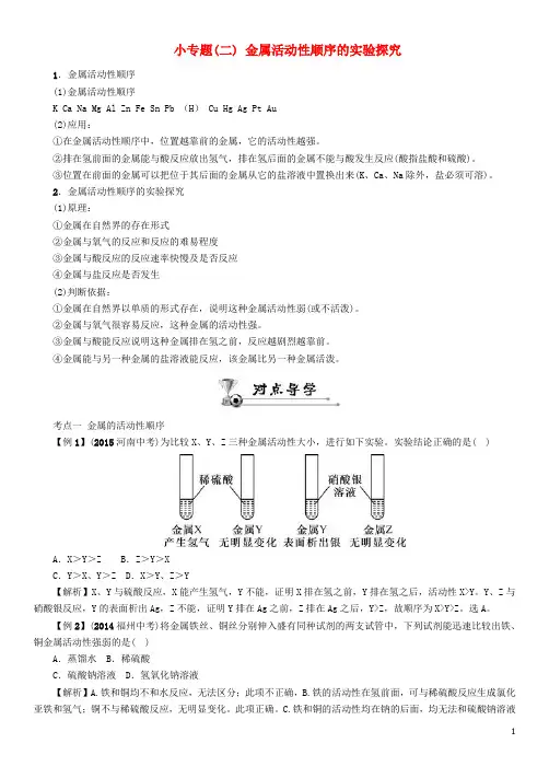【中考命题研究】河北省2016中考化学 重点题型突破 小专题(二)金属活动性顺序的实验探究