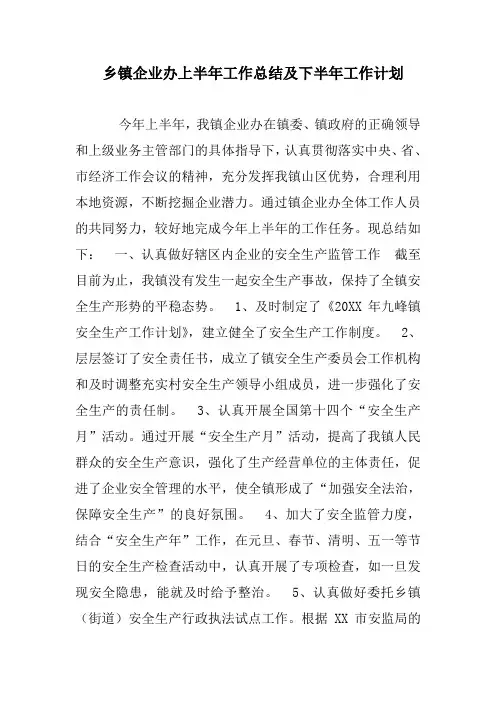 乡镇企业办上半年工作总结及下半年工作计划范文