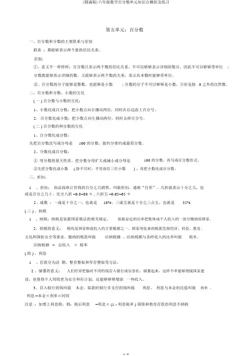 (完整版)六年级数学百分数单元知识点概括及练习