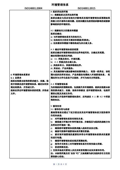 新旧条款对比--环境管理体系ISO14001 2015版