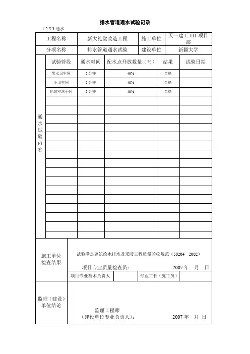 排水管道通水试验记录
