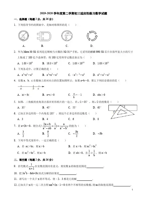 2019—2020学年度第二学期初三适应性练习数学试题
