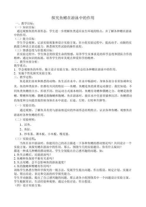 探究鱼鳍在游泳中的作用