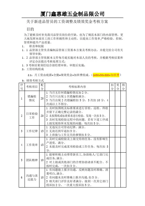 工资调整及绩效奖金考核方案