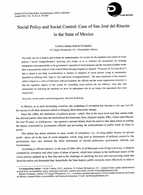 Social Policy and Social Control: Case of San Joso del Rincon in the State of Mexico