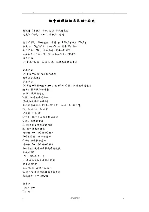 初中物理知识点总结+公式