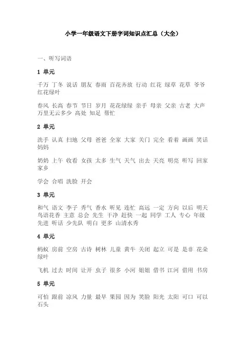 【免费】小学一年级语文下册字词知识点汇总(大全)
