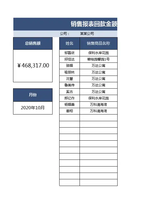 销售报表回款金额统计表