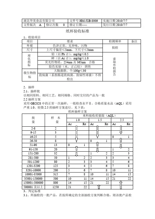 HM-JSB-8009纸杯验收标准