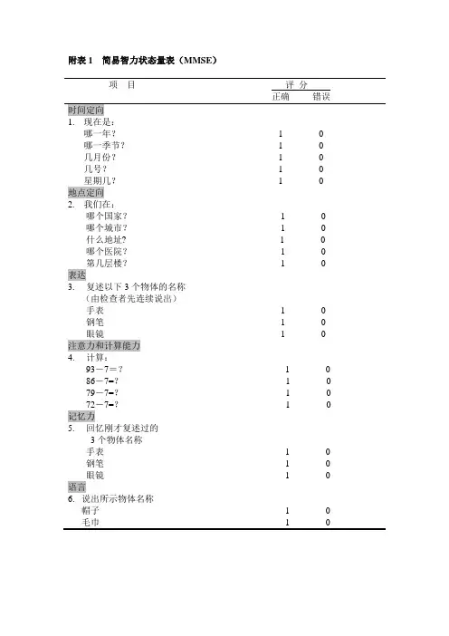 3简易智力状态量表MMSE