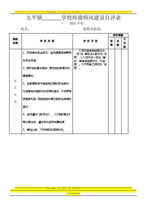 教师师德评价表、考核表